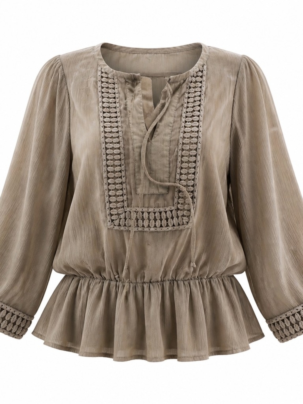Daniel Rainn Taupe Peasant Blouse with Crochet Bib